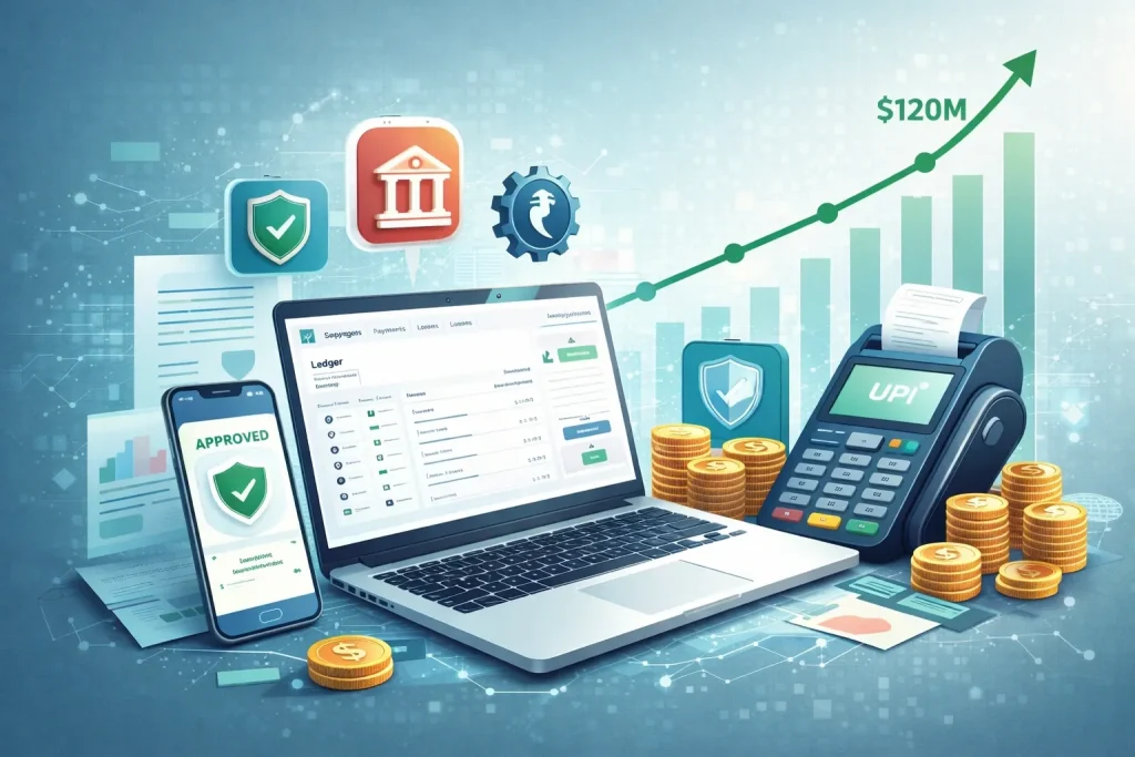 Digital fintech illustration showing small business accounting, payments, and financial growth representing Khatabook’s revenue model.