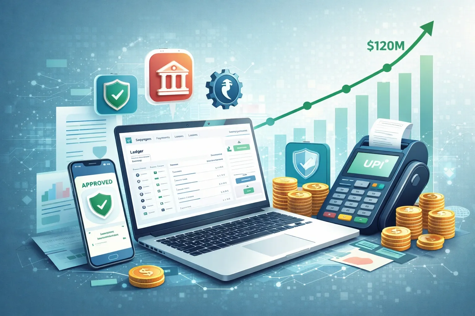 Digital fintech illustration showing small business accounting, payments, and financial growth representing Khatabook’s revenue model.