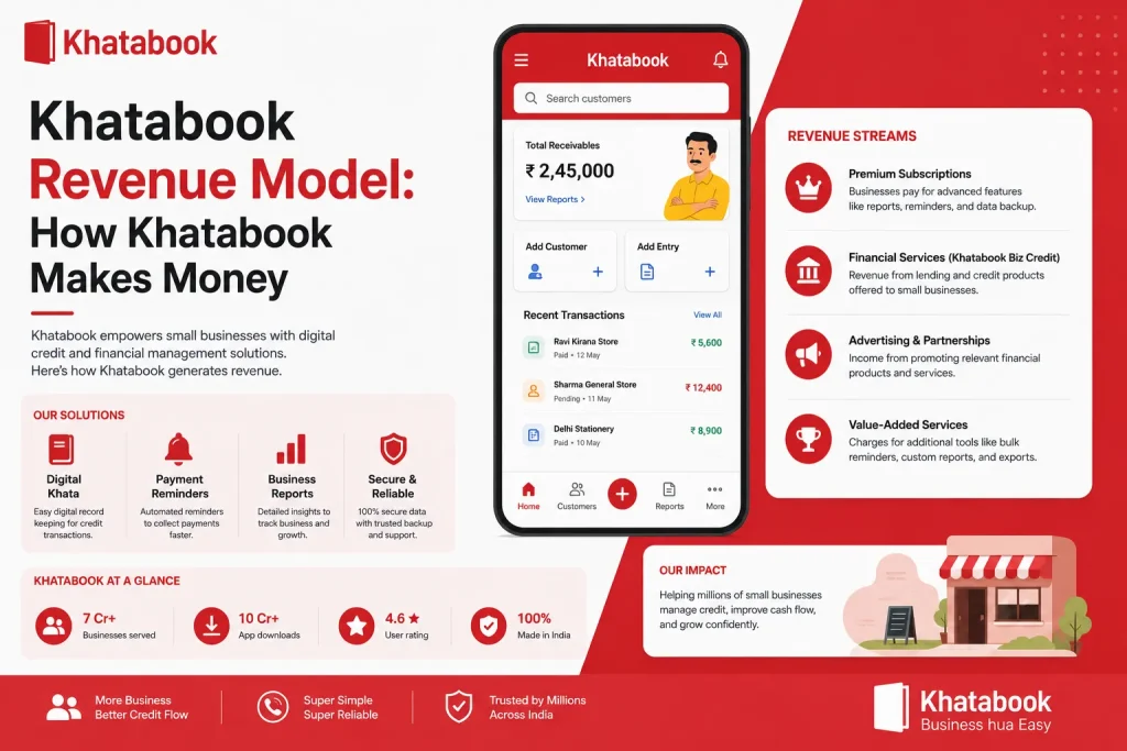 Khatabook revenue model infographic showing app interface, subscription revenue, financial services, and business growth features