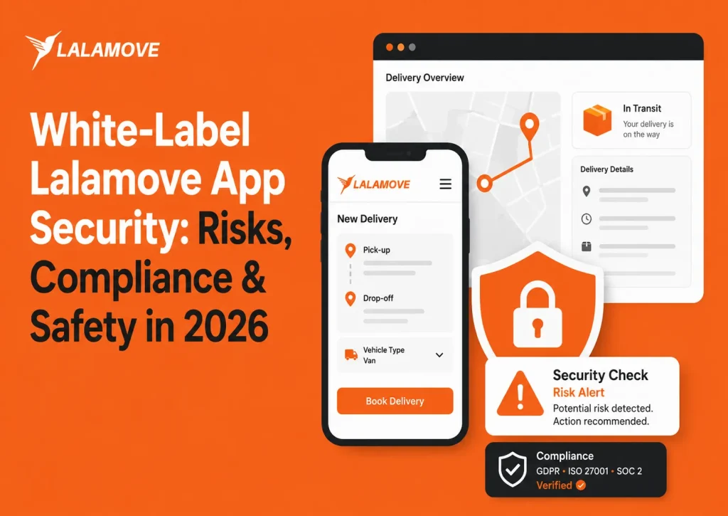 Infographic showing white-label Lalamove app security with delivery tracking, risk alerts, compliance verification, encrypted logistics data, and safety checks.