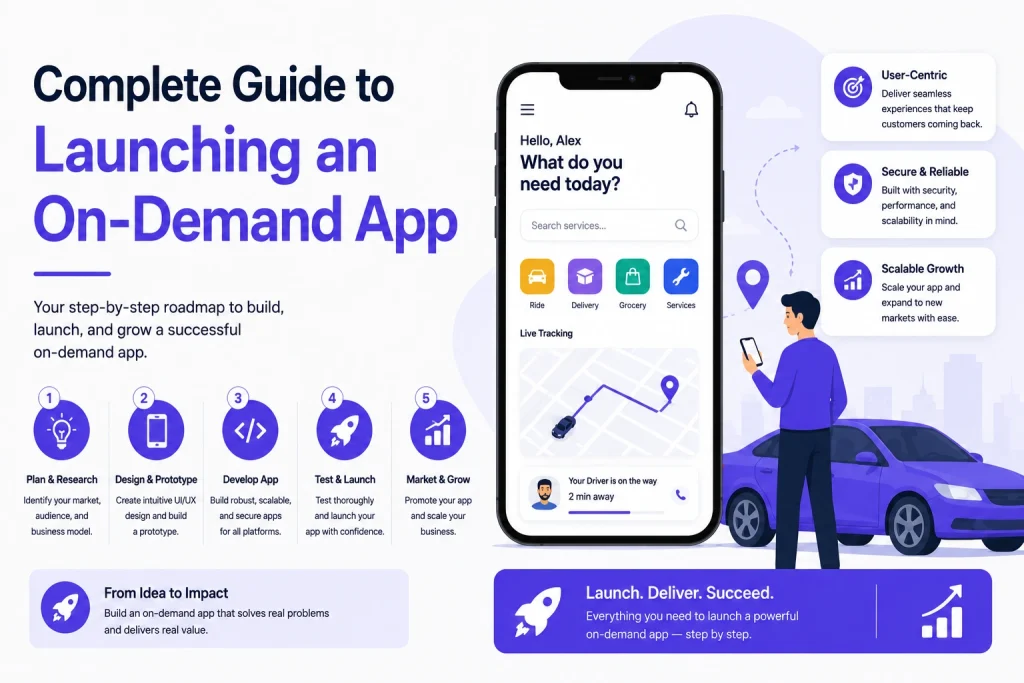 On-demand app launch guide infographic showing service booking app, live tracking, ride delivery grocery services, and step-by-step development process.