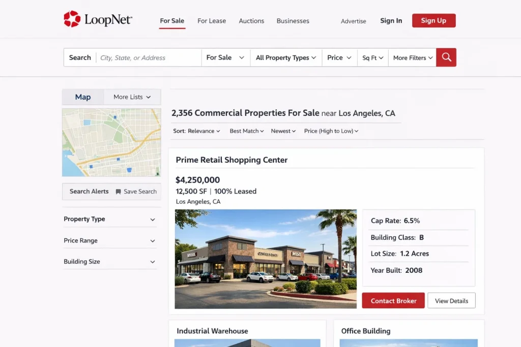 LoopNet commercial property listing showing prime retail shopping center for sale in Los Angeles.
