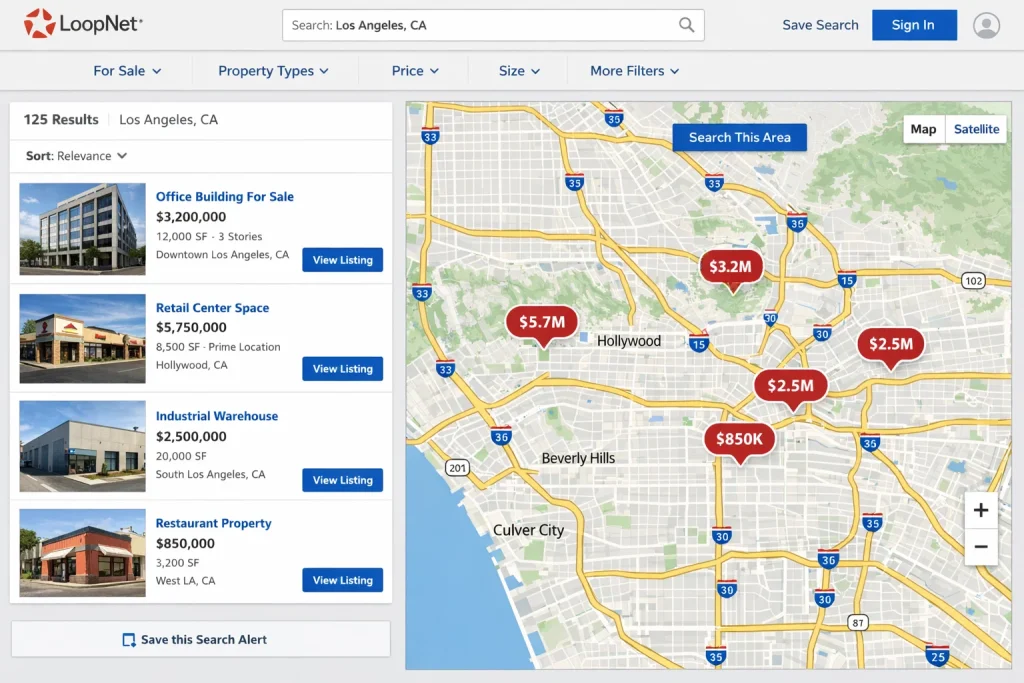 LoopNet commercial real estate map search showing property prices and listings across Los Angeles