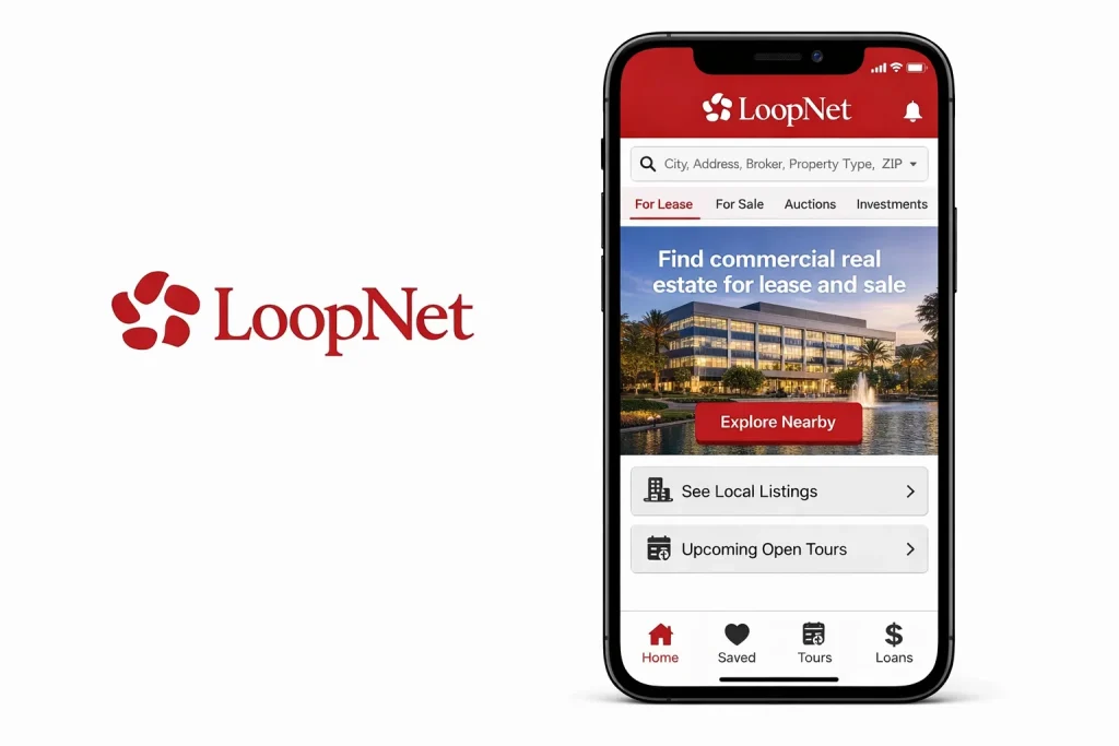 LoopNet mobile app interface showing commercial real estate listings for lease and sale.