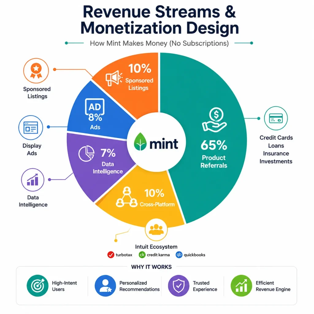 Mint revenue streams and monetization design infographic showing product referrals and advertising revenue