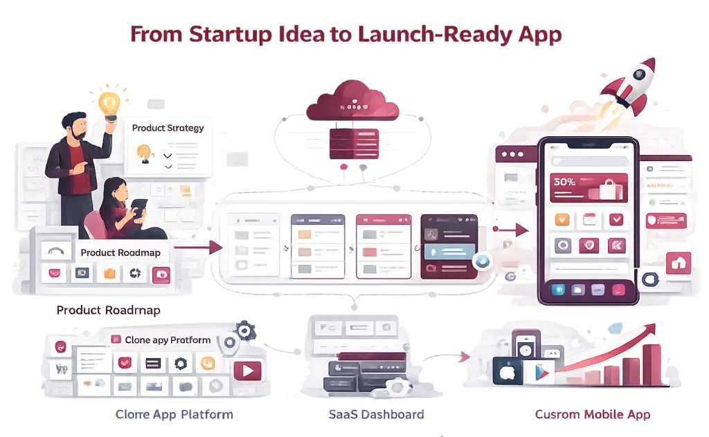 Startup product roadmap infographic showing app strategy, SaaS dashboard, clone app platform, AI automation, deployment, and mobile app launch process.