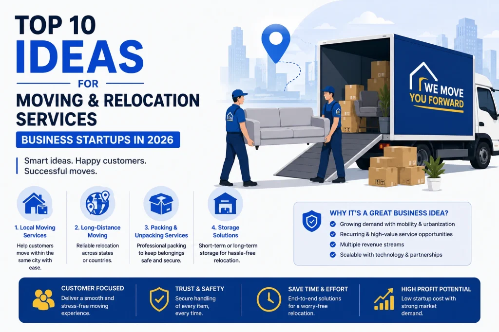 Top moving and relocation services business startup ideas infographic for 2026
