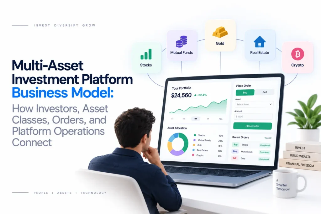 Multi-asset investment platform business model showing investors, stocks, mutual funds, gold, real estate, crypto, portfolio allocation, and order management