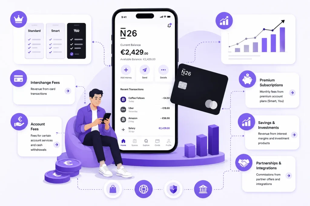 N26 digital banking illustration showing premium subscriptions, interchange fees, savings, investments, and fintech revenue streams
