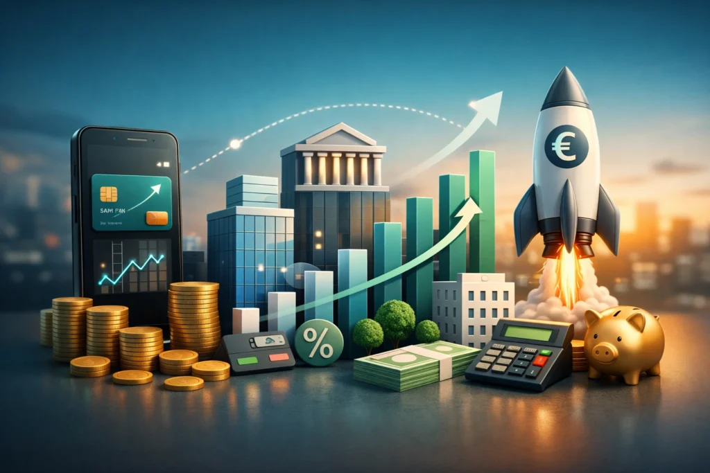 Illustration representing digital banking growth, fintech revenue streams, and the N26 business model ecosystem