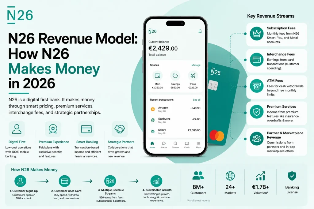 N26 revenue model infographic showing digital banking app, subscription fees, interchange fees, premium services, and fintech revenue streams