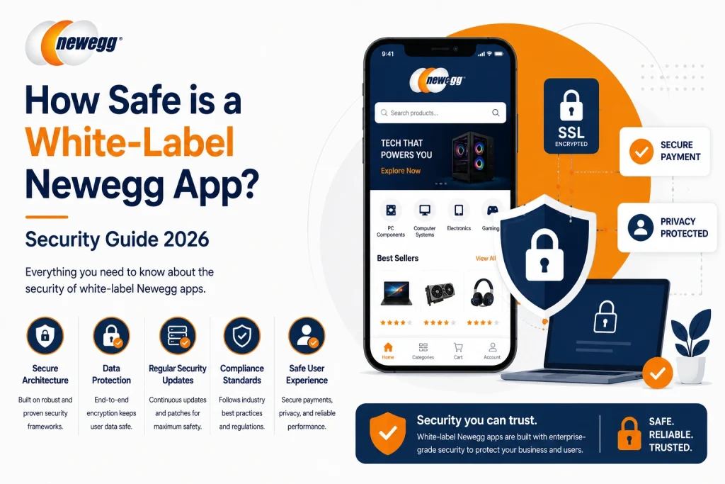 White-label Newegg app security guide showing SSL encryption, secure payments, data protection, privacy, and compliance standards.