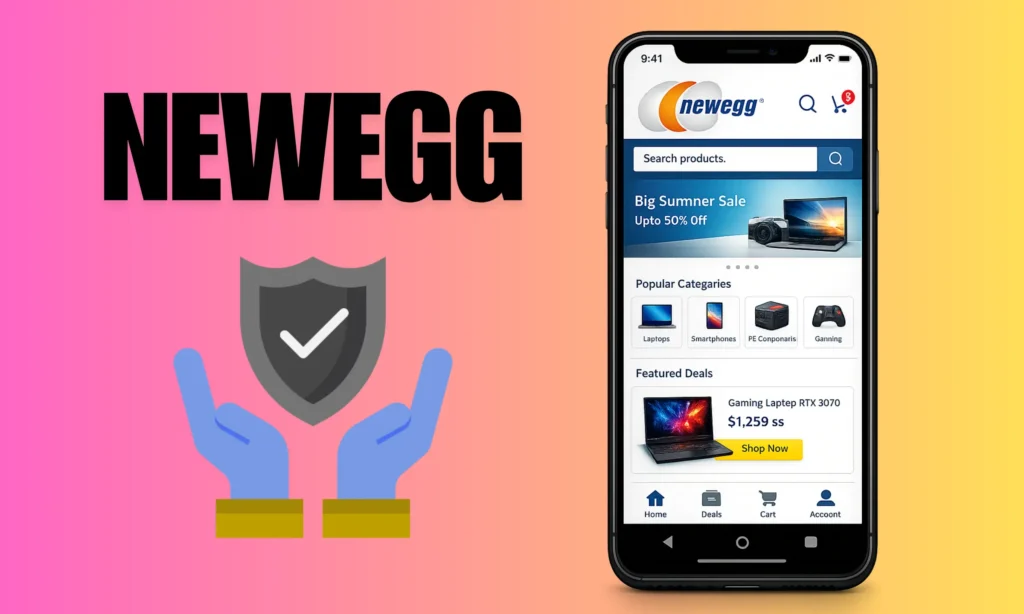 Smartphone displaying Newegg marketplace app with security shield icon representing safe white-label eCommerce platform