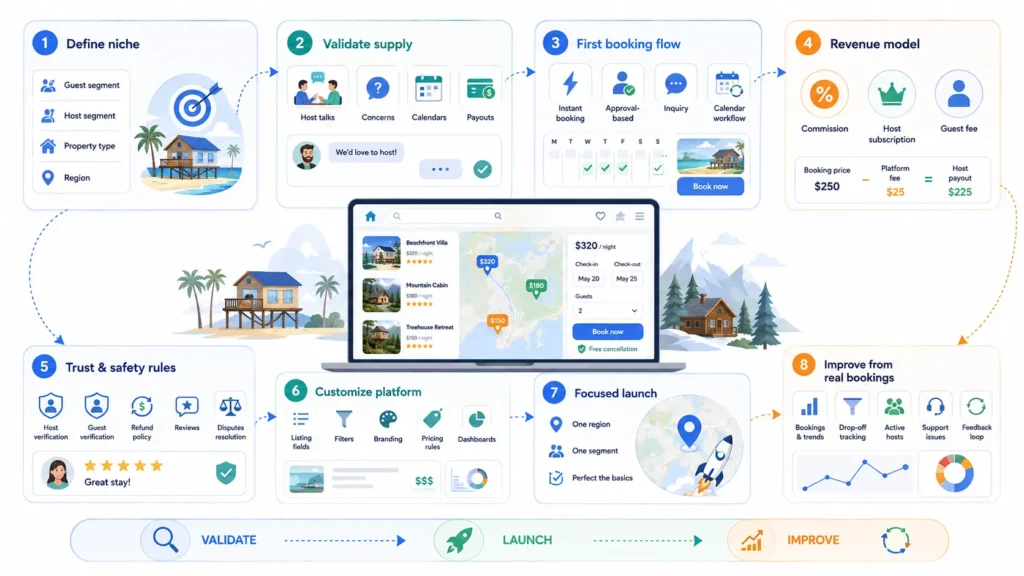 Niche vacation rental marketplace launch roadmap covering niche selection, supply validation, booking flow, revenue model, trust, customization, launch, and optimization