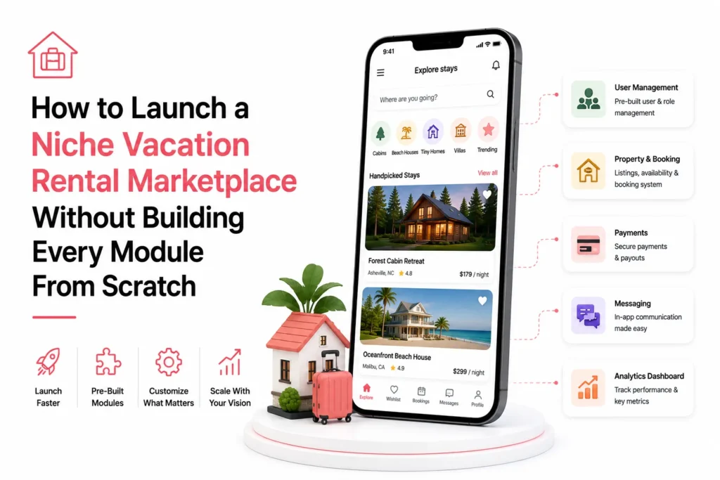 Niche vacation rental marketplace built with pre-built modules for bookings, payments, messaging, user management, and analytics