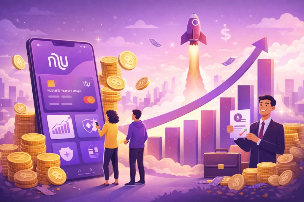 Illustration showing Nubank fintech revenue model with digital banking, lending, payments, and financial growth.