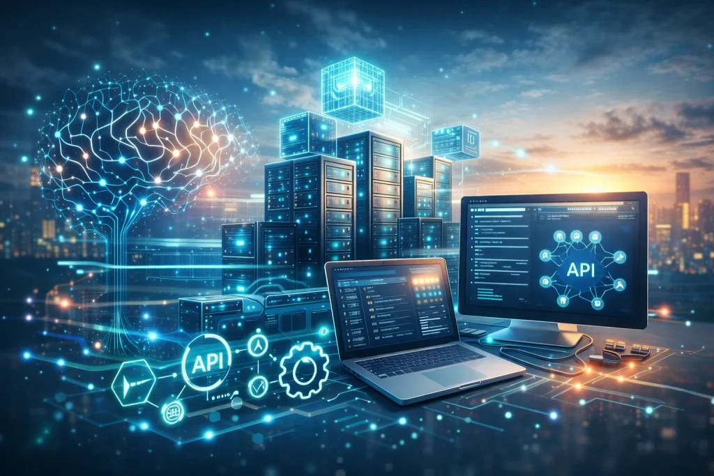 Illustration showing AI infrastructure, developer APIs, and generative AI ecosystem representing the OpenAI API business model.