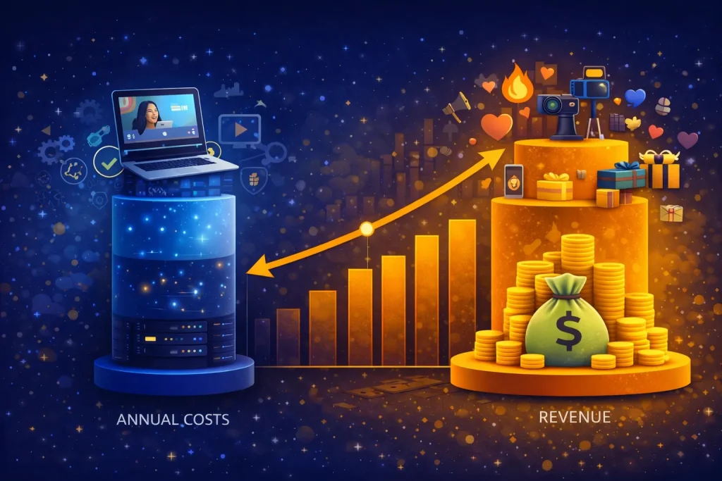Illustration of a live streaming platform ecosystem with creators, digital gifts, audience engagement, and monetization elements.