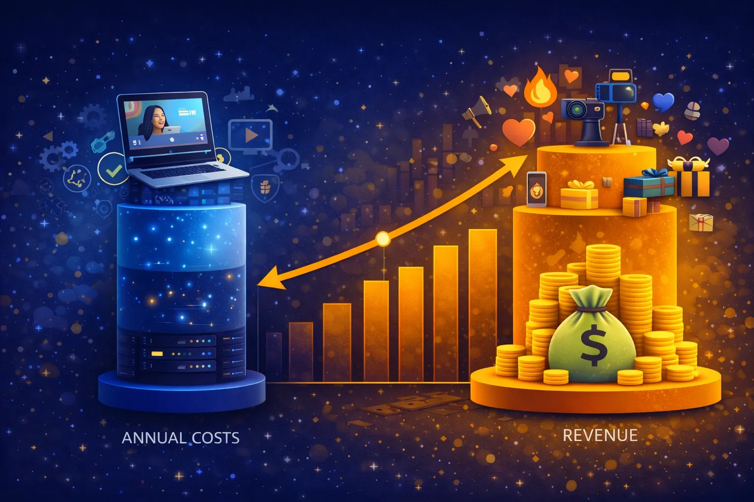 Illustration of a live streaming platform ecosystem with creators, digital gifts, audience engagement, and monetization elements.