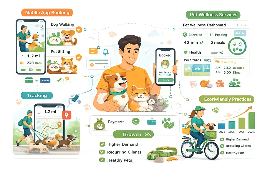 Digital pet care and wellness booking platform infographic