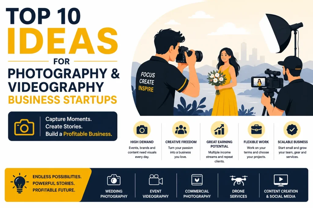 Top photography and videography business startup ideas infographic