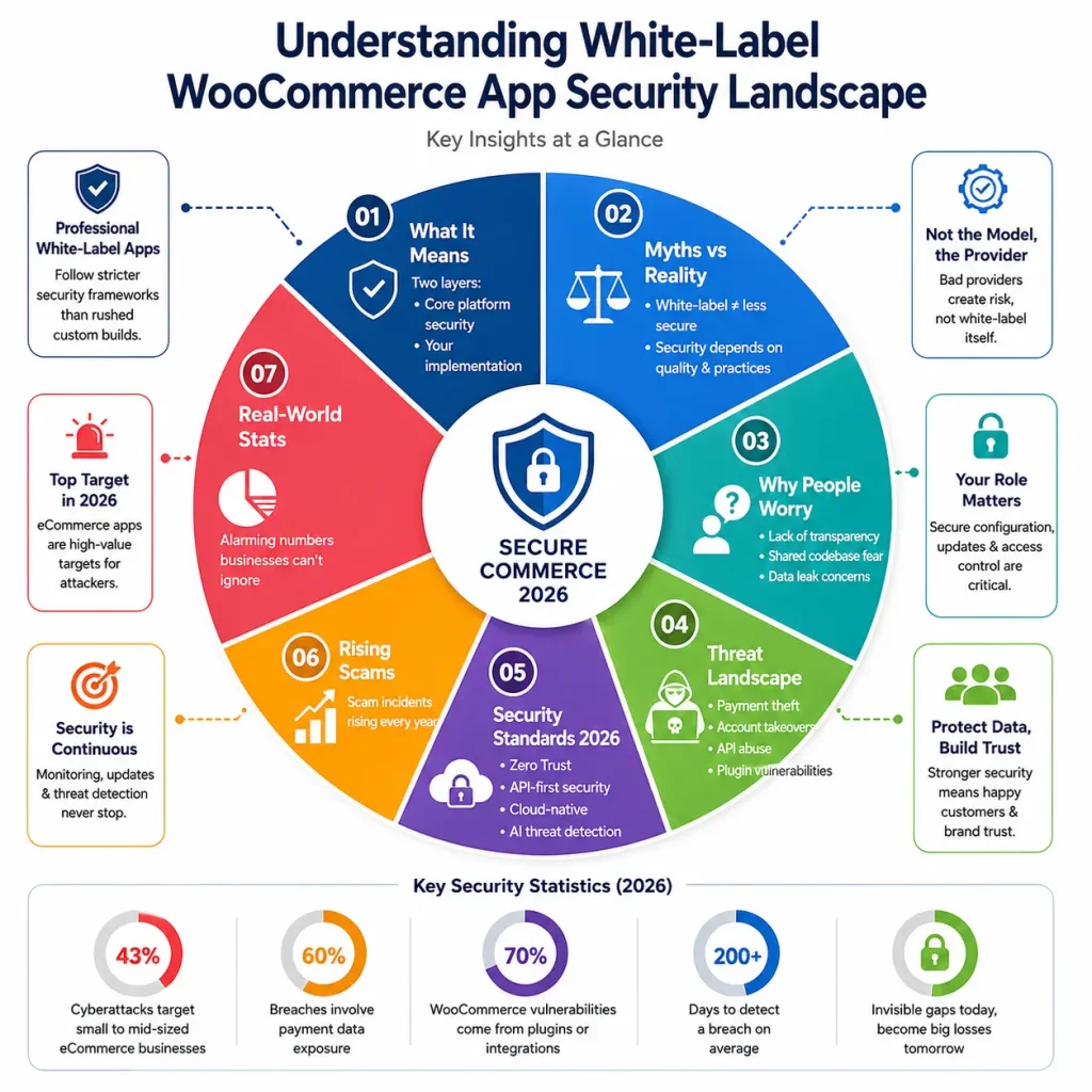 Infographic explaining the white-label WooCommerce app security landscape with myths, risks, security standards, threat landscape, scams, and key security statistics.