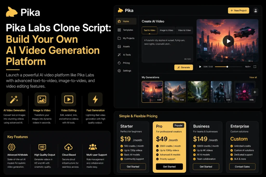 Pika Labs AI video generation clone platform with text to video, image to video, and AI editing dashboard