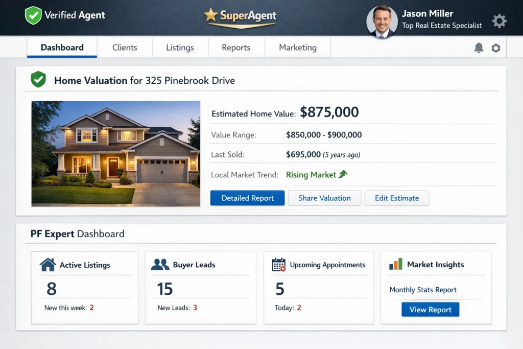 Property Finder agent dashboard showing home valuation, listings, and real estate analytics
