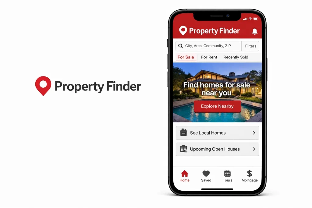 Property Finder mobile app interface showing home search and local property listings