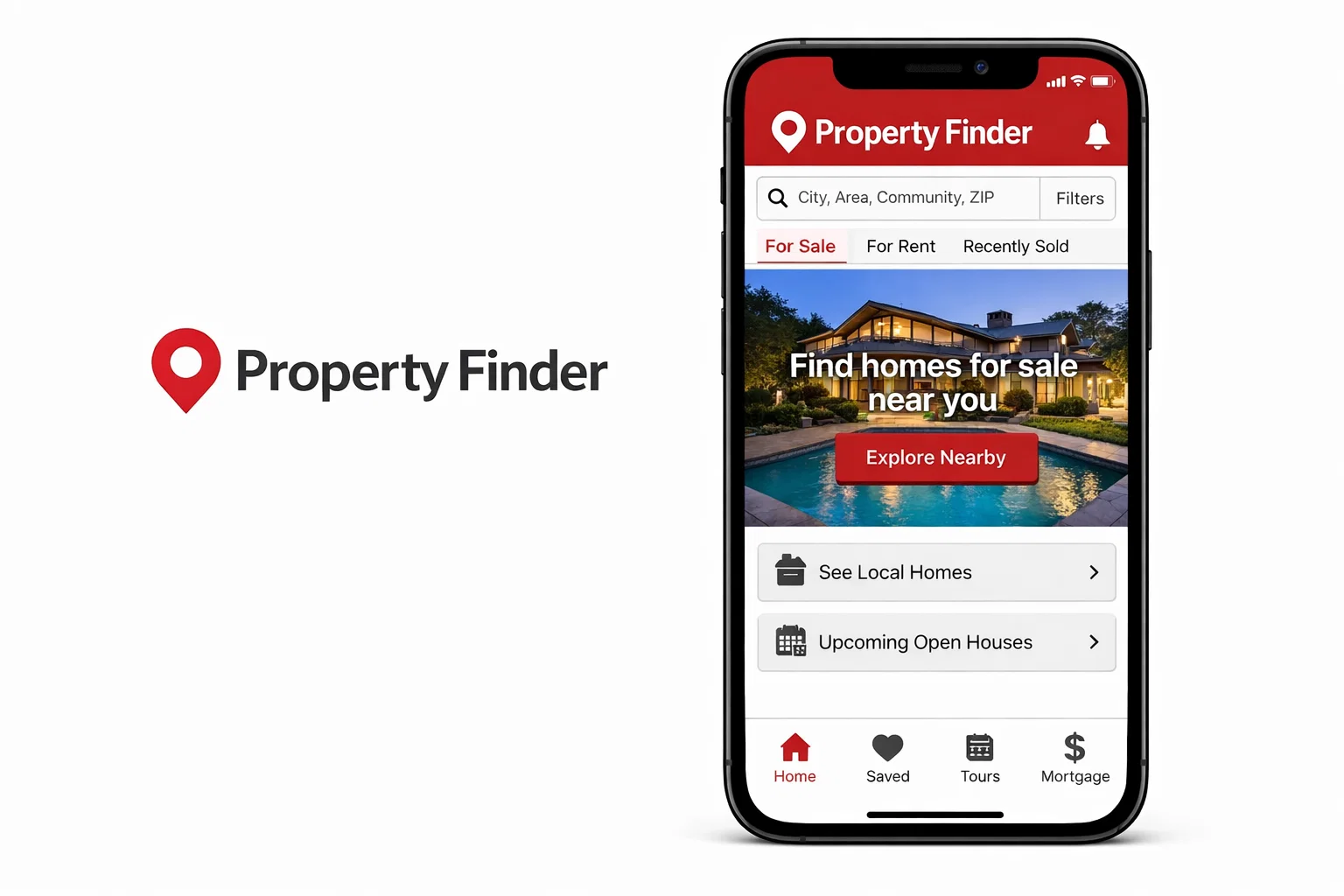 Property Finder mobile app interface showing home search and local property listings