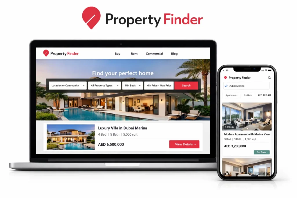 Property Finder real estate platform showing property search website and mobile app interface