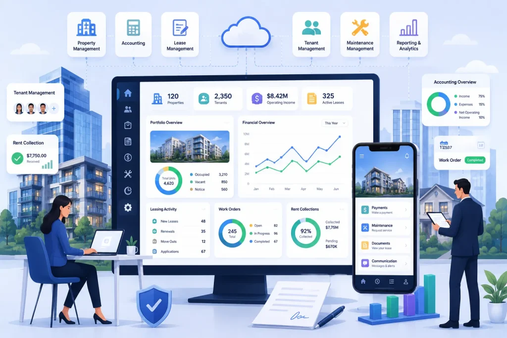What Is Yardi and How Does It Work? 1 Property management software dashboard with tenant management, accounting, maintenance tracking, and analytics tools