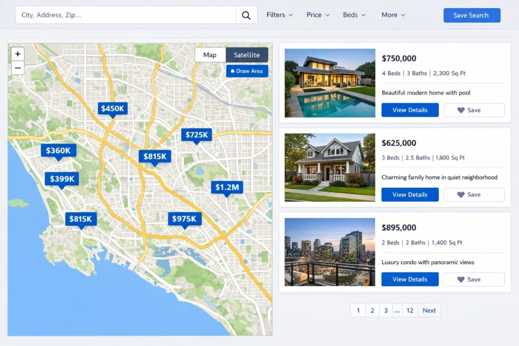 Real estate property search map with home listings and prices displayed across the city