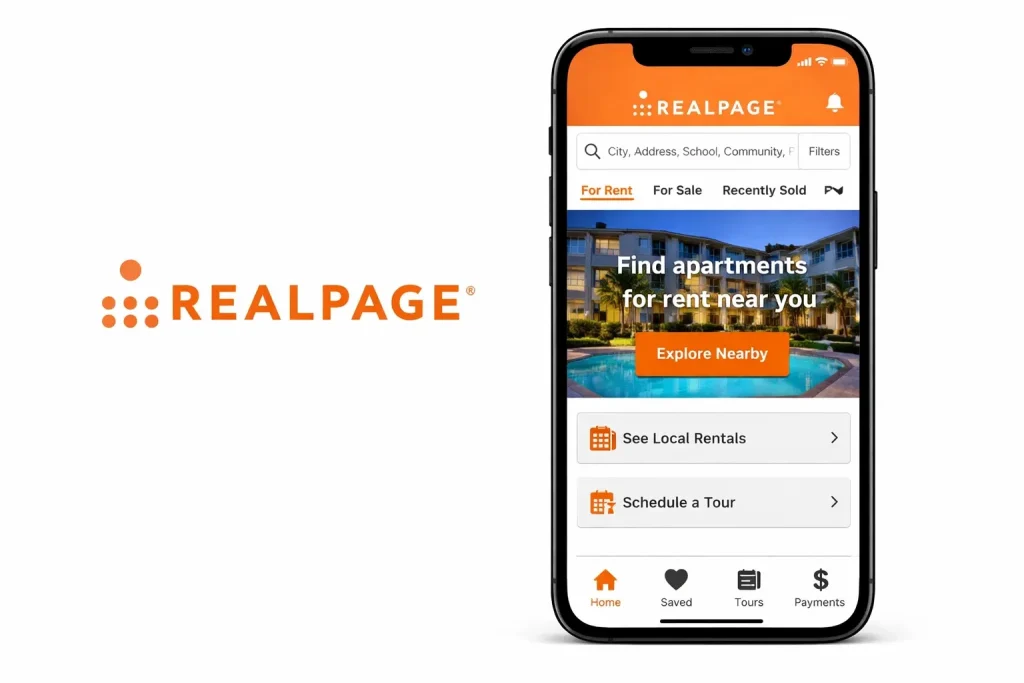 RealPage mobile app interface showing apartment search and rental listings near the user