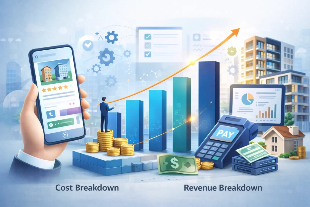 Illustration showing a property management SaaS platform with revenue growth charts, digital payments, and real estate technology ecosystem.