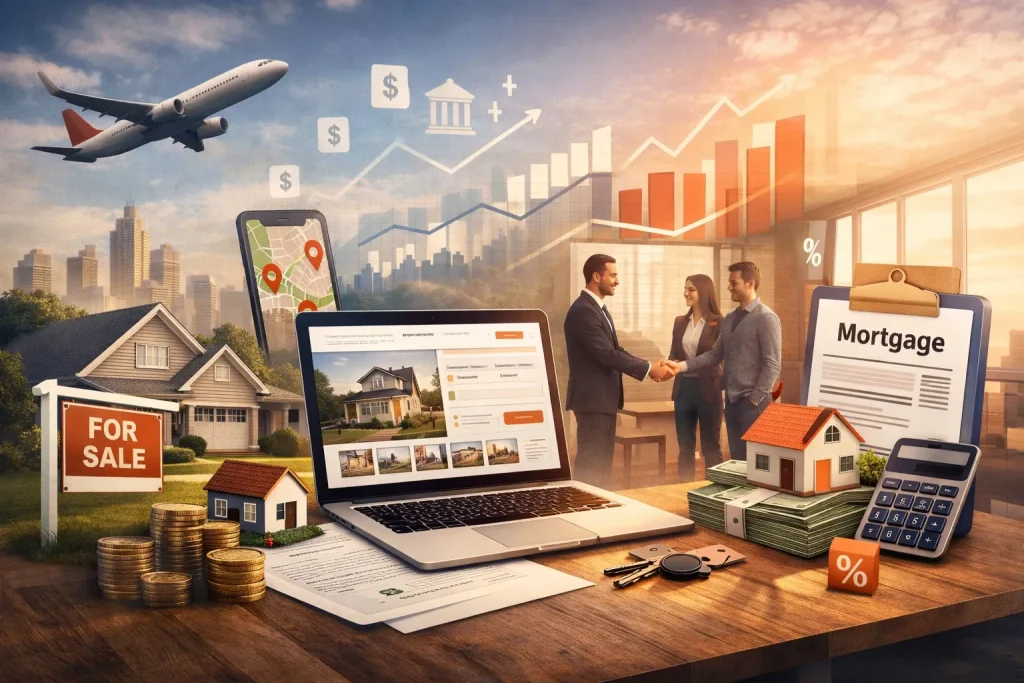 Illustration representing Redfin's real estate platform combining property search, brokerage, mortgage, and fintech services