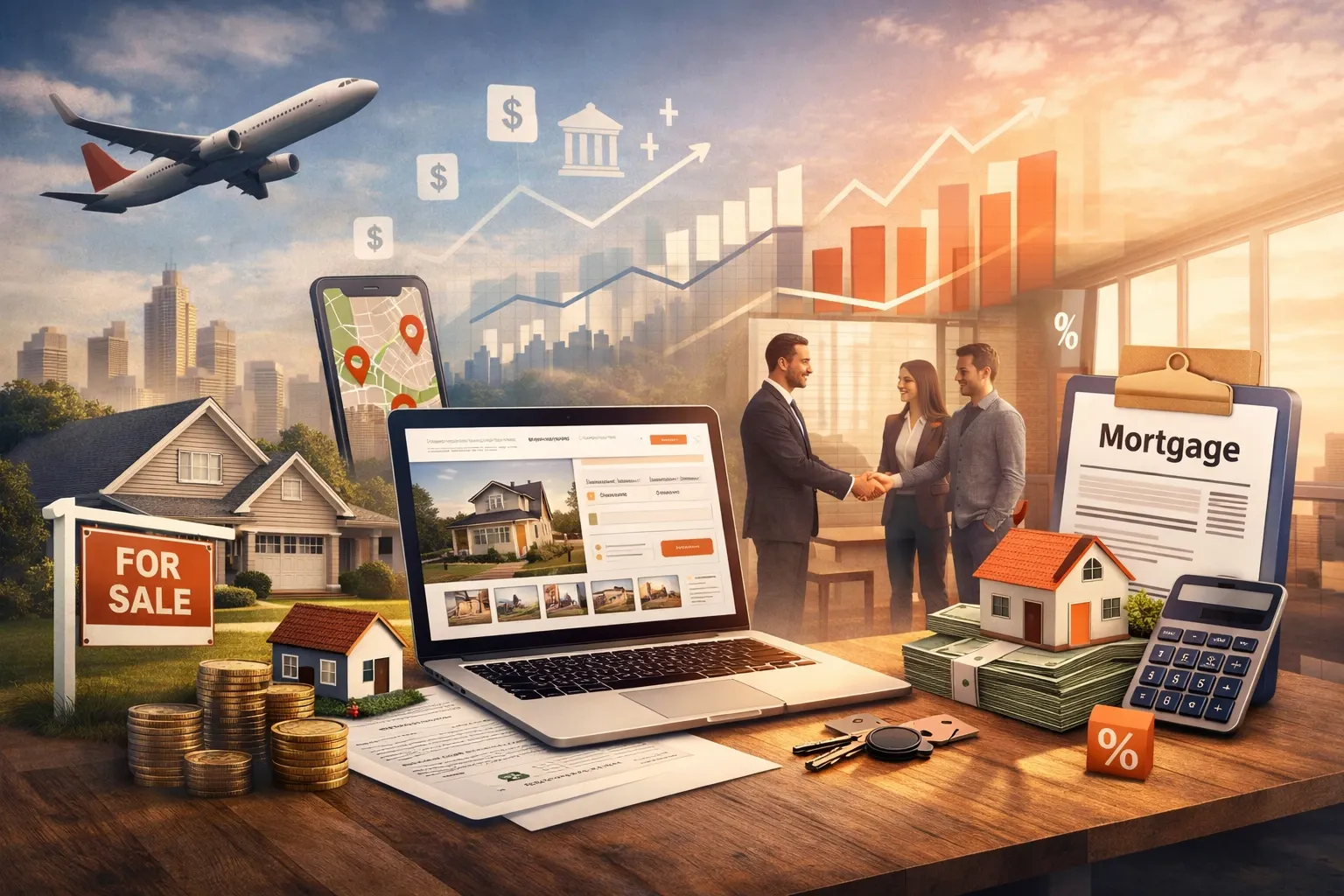 Illustration representing Redfin's real estate platform combining property search, brokerage, mortgage, and fintech services