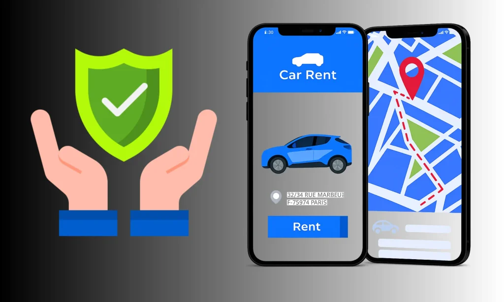 Illustration showing secure rental car app interface with shield protection icon and mobile booking system