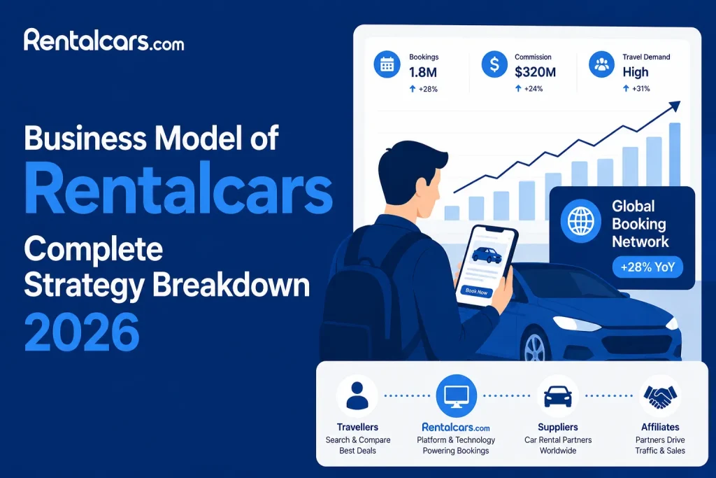 Rentalcars.com business model infographic showing global booking network, car rental partnerships, and revenue growth strategy