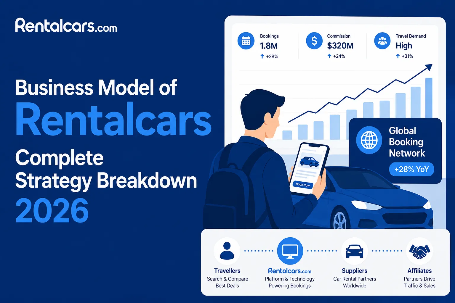 Rentalcars.com business model infographic showing global booking network, car rental partnerships, and revenue growth strategy