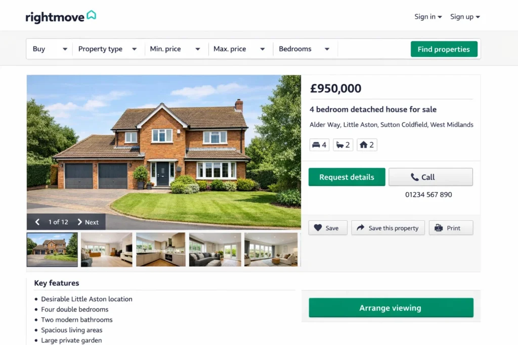Rightmove property listing showing a 4 bedroom detached house for sale in Little Aston Sutton Coldfield.