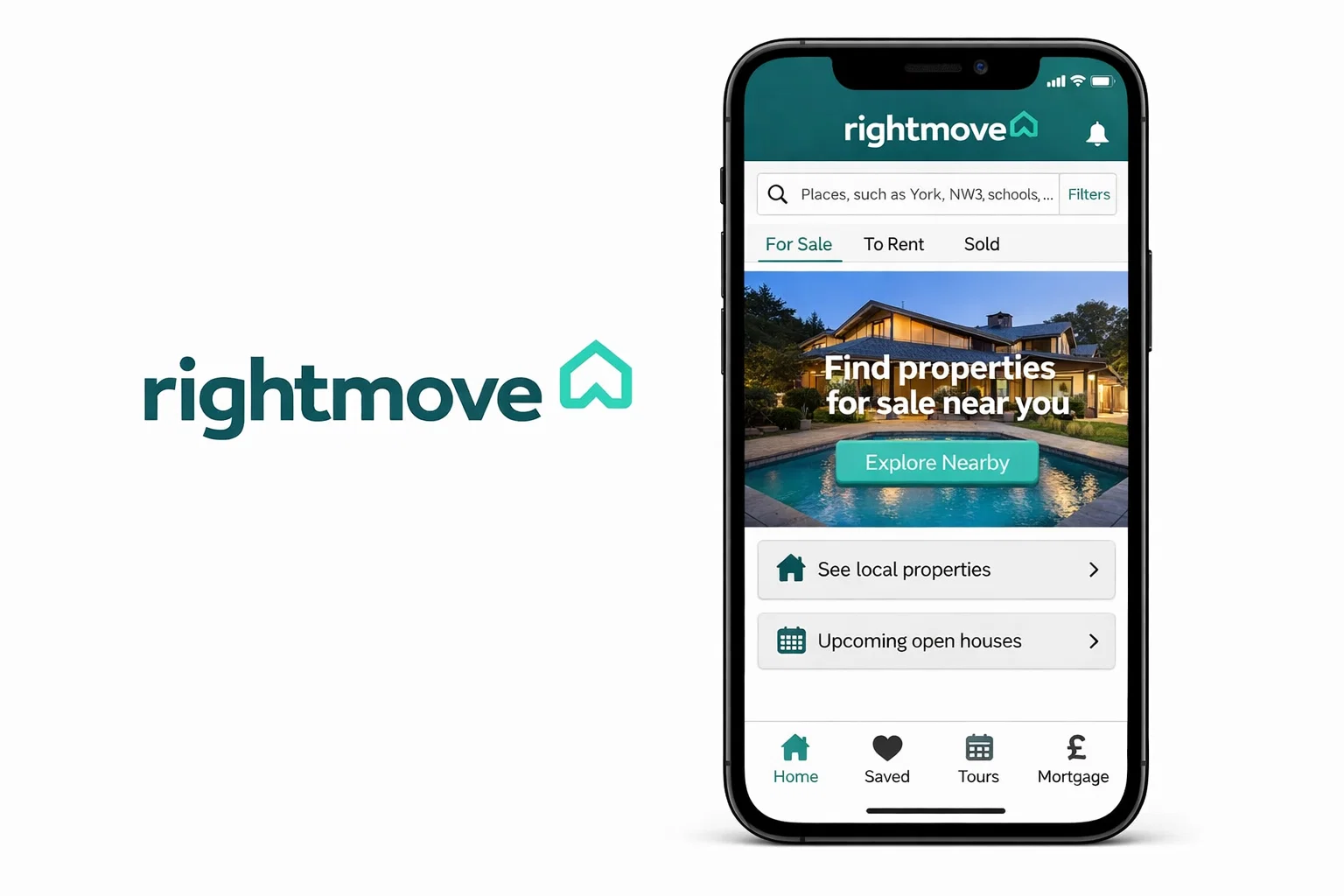 Rightmove real estate mobile app interface showing property search and homes for sale nearby.