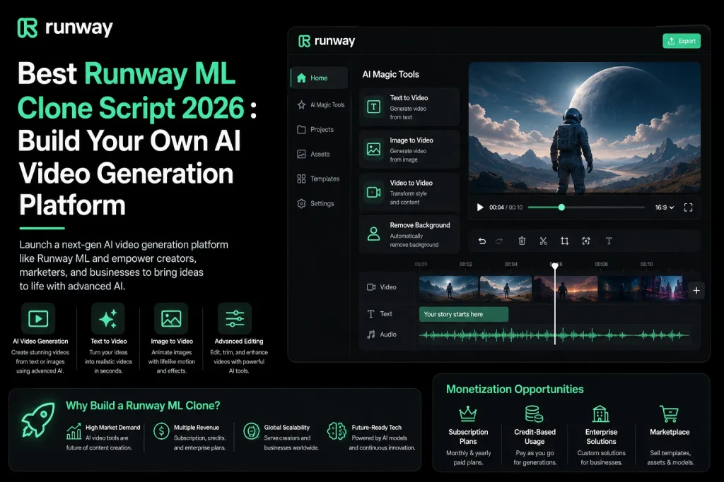Best Runway ML Clone Script 2026 AI video generation platform dashboard with text to video and image to video features