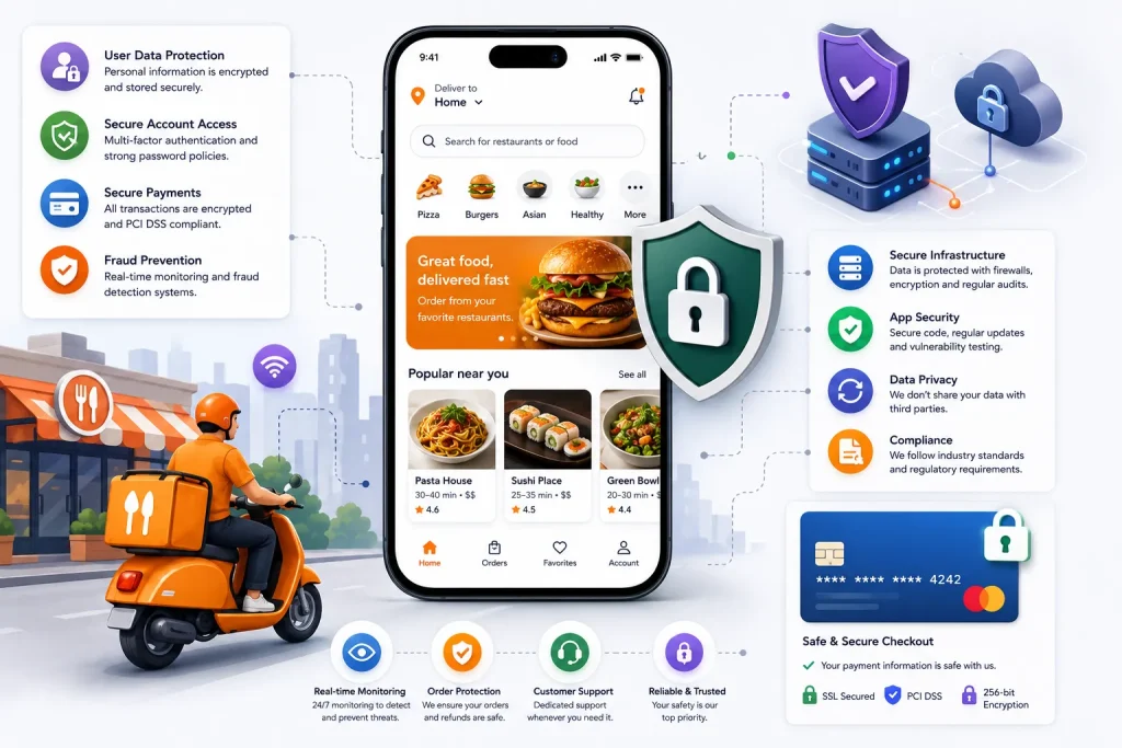Secure food delivery mobile app with encrypted payments, fraud prevention, user data protection, and cloud security infrastructure