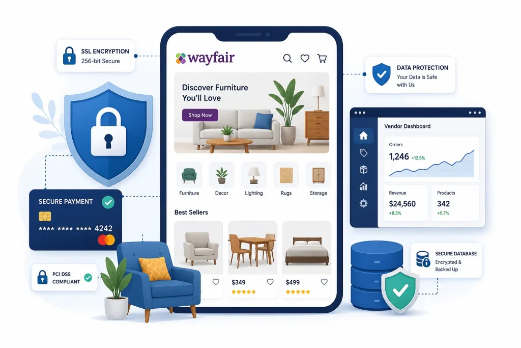 How Safe is a White-Label Wayfair App? Complete Security Guide 2026 1 Secure Wayfair clone ecommerce app with encrypted payments, protected database, and furniture marketplace dashboard