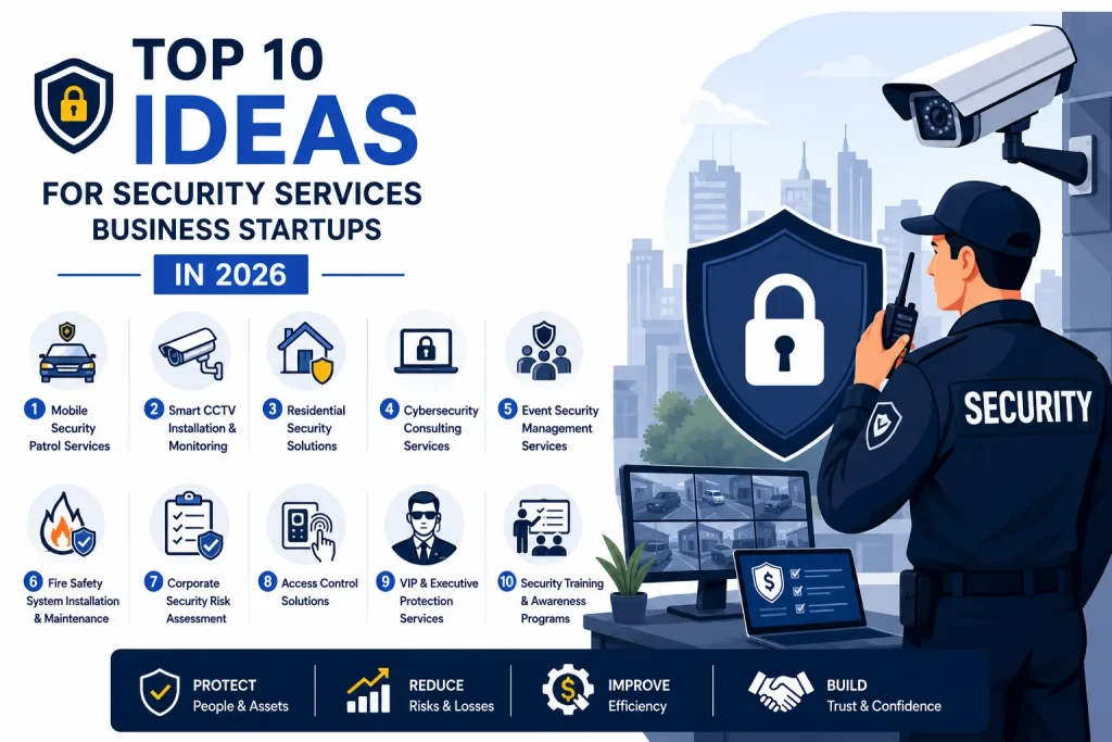 Top security services business startup ideas infographic for 2026