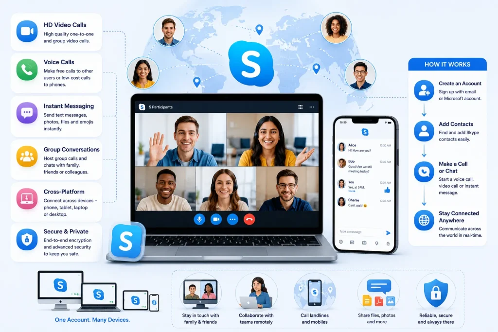 Skype communication platform with global video calling, instant messaging, group conversations, secure chats, and cross-platform connectivity