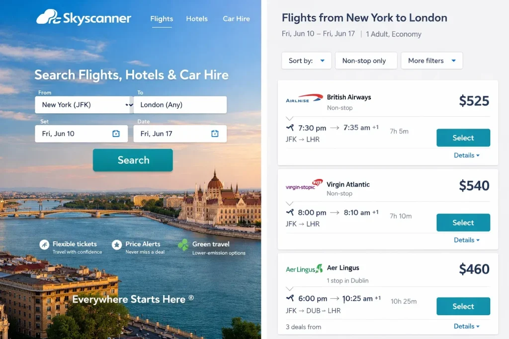 Skyscanner flight search results showing flights from New York to London with prices and airlines