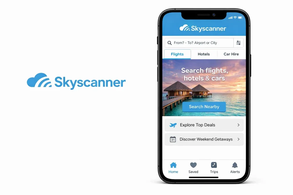 Skyscanner mobile app showing flight search, hotel booking, and travel deals interface