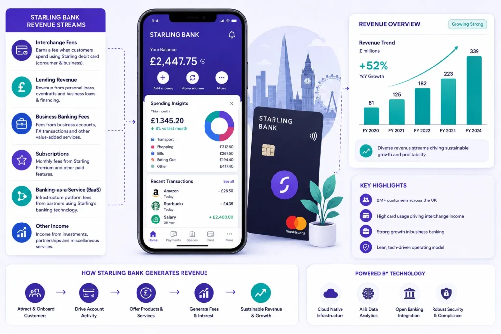 Starling Bank Revenue Model: How Digital Neobanks Make Money in 2026 1 Starling Bank fintech revenue streams dashboard with digital banking app, revenue growth analytics, and subscription income model